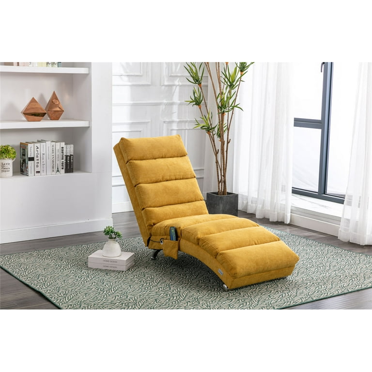 Linen Chaise Indoor Long Lounge Chair Upholstered Recliner Chair with Metal Legs and Side Pocket Ergonomic Massage Sofa Chair Leisure Chair for