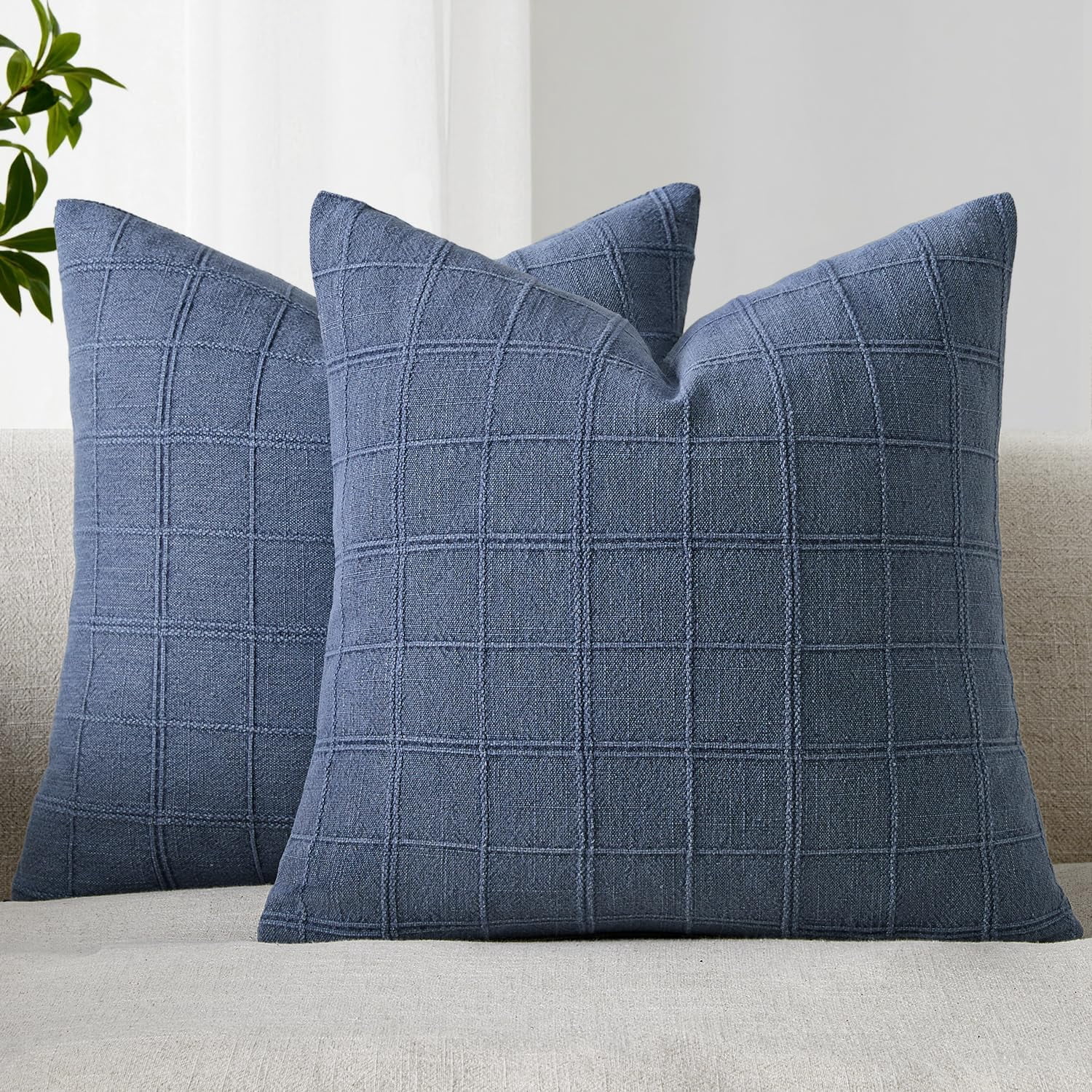 Linen Check Throw Pillow Covers Set of 2 - Natural Beige Farmhouse Modern Boho Vintage Decorative Cushion Covers for Sofa Couch Bedroom Living Room Decor（no pillow inset）