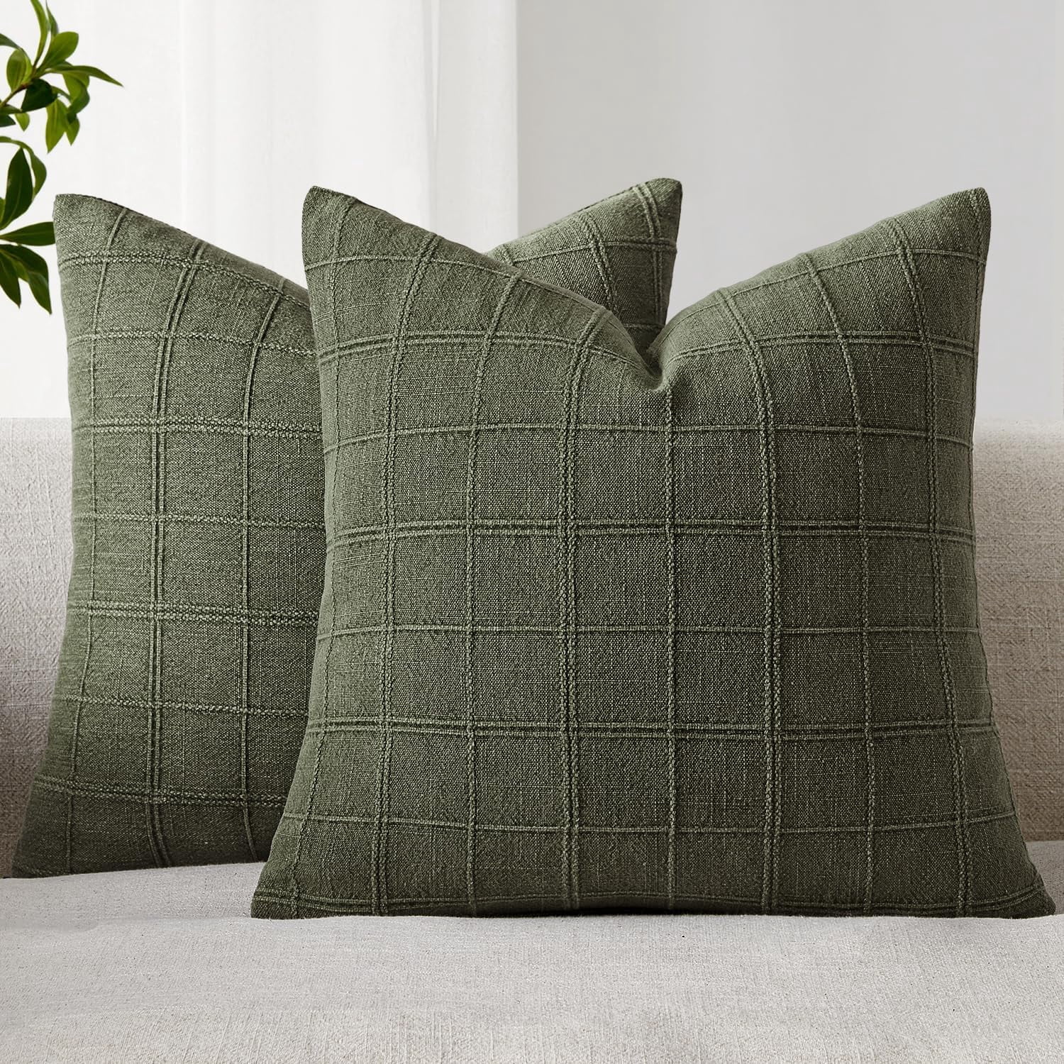 Linen Check Throw Pillow Covers Set of 2 - Natural Beige Farmhouse Modern Boho Vintage Decorative Cushion Covers for Sofa Couch Bedroom Living Room Decor（no pillow inset）