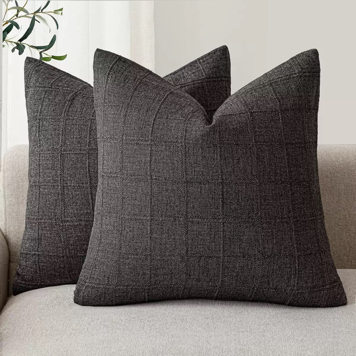 Linen Check Throw Pillow Covers Set of 2 - Natural Beige Farmhouse Modern Boho Vintage Decorative Cushion Covers for Sofa Couch Bedroom Living Room Decor（no pillow inset）