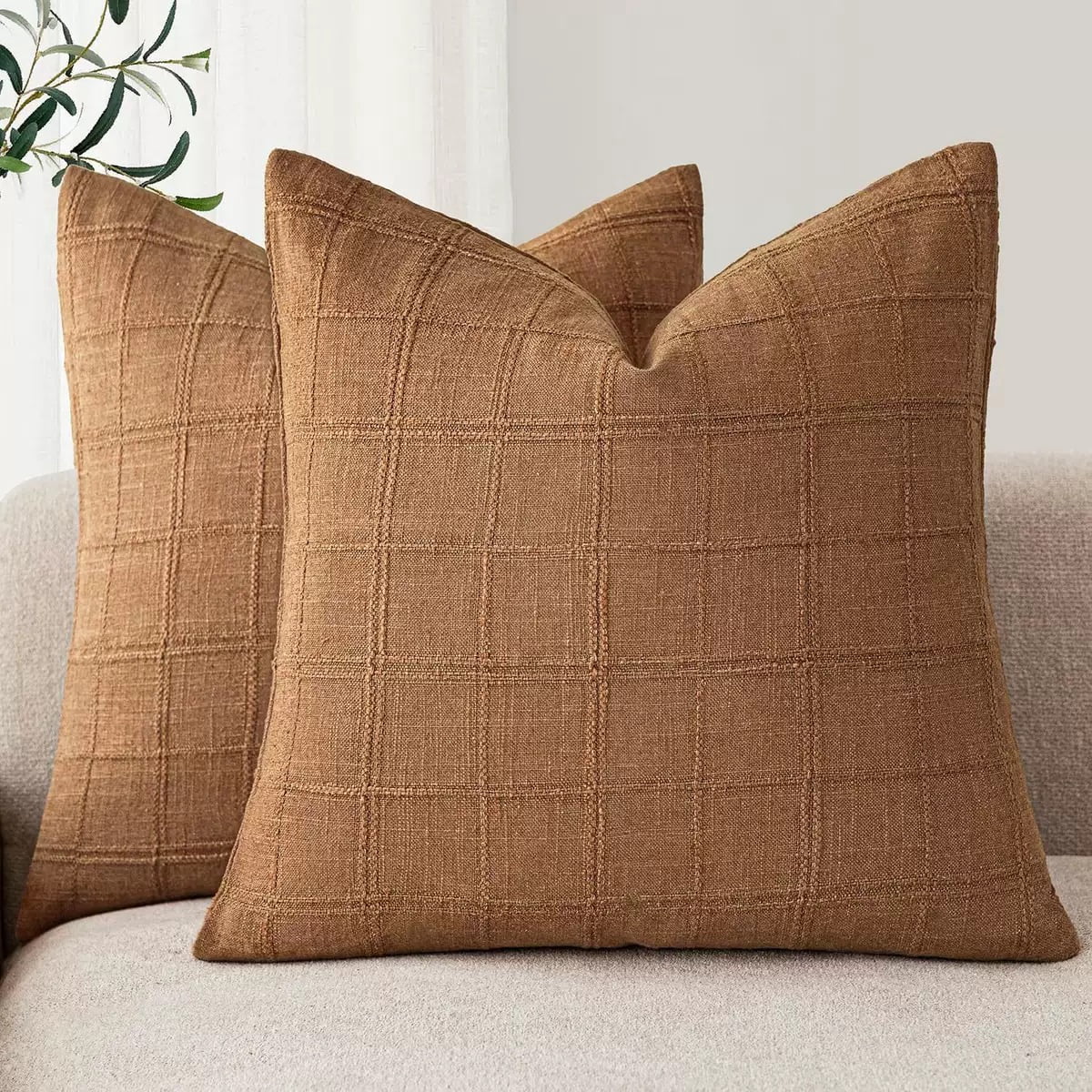 Linen Check Throw Pillow Covers Set of 2 - Natural Beige Farmhouse Modern Boho Vintage Decorative Cushion Covers for Sofa Couch Bedroom Living Room Decor（no pillow inset）