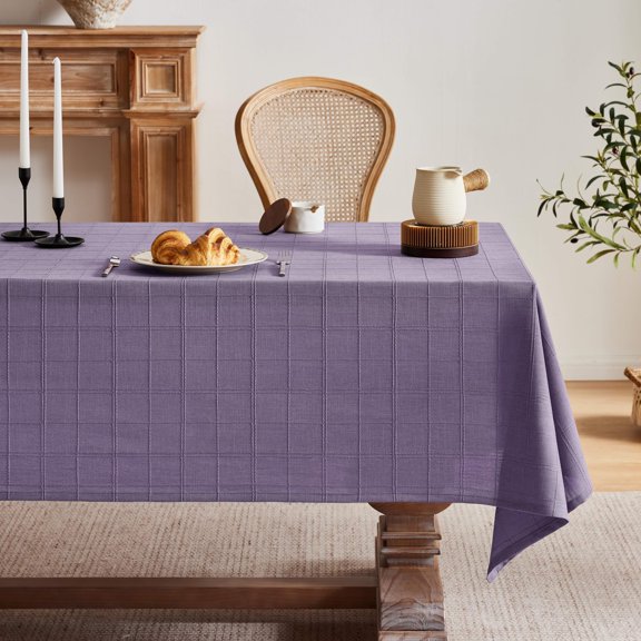 Linen Checked Rectangle Table Cloth 52x70 Inch Purple | Fit 3ft-4ft Narrow For 5ft Farmhouse Style Plaid Embroidered Water Resistant Cover