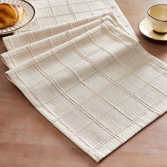 Linen Checked Table Runner, 13x90 Inches Beige, Textured Woven Farmhouse Table Runners 90 Inches Long, Neutral Plaid Dresser Scarf for Kitchen Dining Holiday Everyday Decor