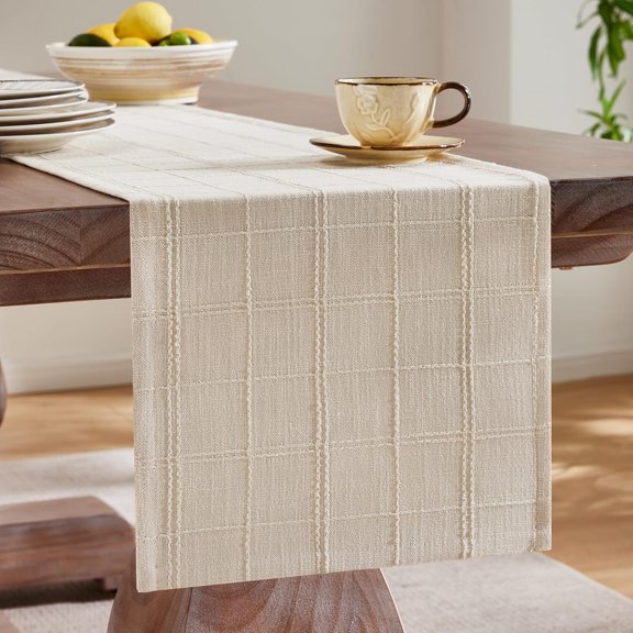Linen Checked Table Runner, Beige, Textured Woven Farmhouse Table Runner, Neutral Plaid Dresser Scarf for Kitchen Dining Holiday Everyday Decor