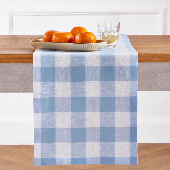 Linen Checkered Table Runner 156 Inches Long - 100% Pure Linen Chambray Blue and White Buffalo Check Extra Long Table Runner 14 x 156 Inch Ideal for Dining, Winter, Spring, Easter