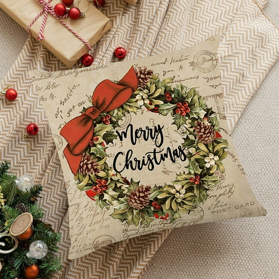 Linen Christmas Pillow Cover for Sofa Decor, Reusable Holiday Decorative Pillowcase with Hidden Zipper - Home Seasonal Decor(A)