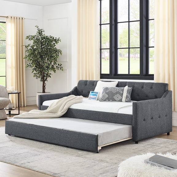 Linen Clad Twin Daybed With Frame And Charging Access Wrapped Secure Build Ability