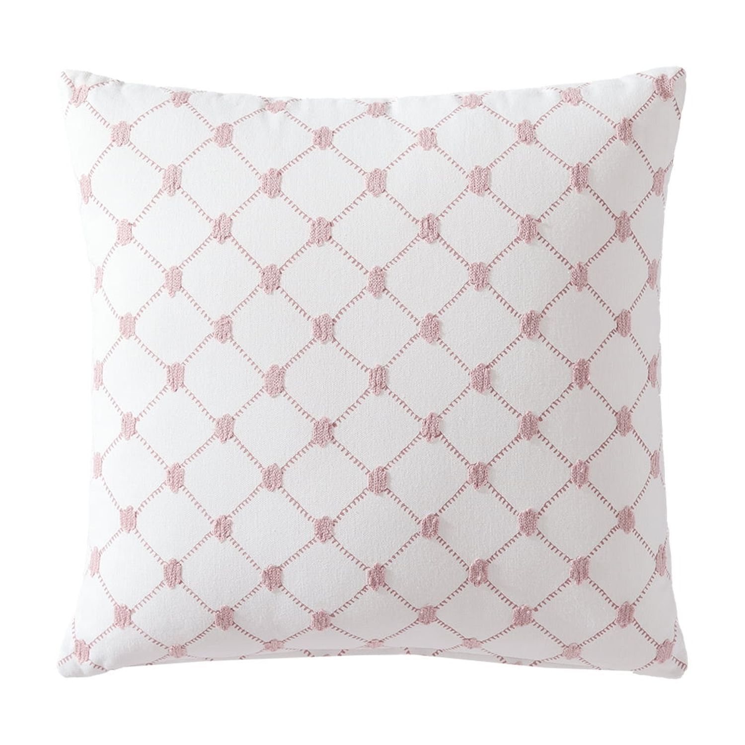 Pink and White Embroidered Cotton Square Throw Pillow