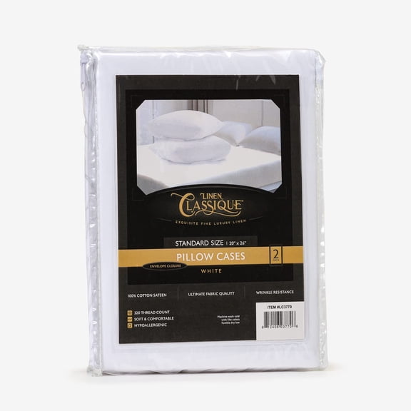 Linen Classique Luxury Pillow Cases with Envelope Closure - Premium Sateen Cotton Fabric 320 Thread Count, Wrinkle Resistance - Queen 20x30 (White)