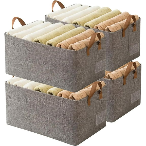 Linen Closet Organizer Storage Bin with Steel Frame, Stackable Fabric Jeans Baskets for Shelves, 4 Packs Foldable Wardrobe Clothes Box for Sweater Pants Towel Shirt Storage, 23L Gray