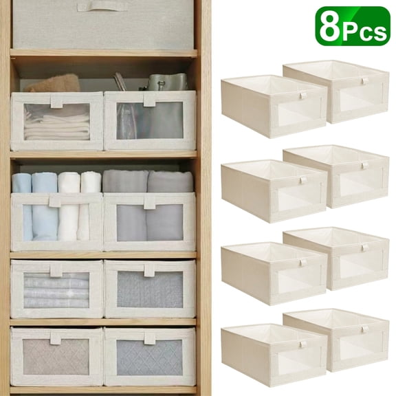 Linen Closet Organizers and Storage 8 Pack Closet Storage Bins Linen Closet Baskets for Closet Organization Foldable Closet Organizer Bins with Clear Window For Organizing Clothing Toys Beding