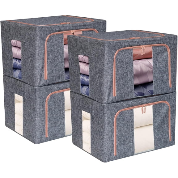 Linen Clothes Storage Bins, 4PCS Sturdy Closet Organizers and Storage Bin with Metal Frame, 2 Opening Ways Fabric Visible Lidded Storage Box for Organizing Clothing,Jeans,Sheets (4PC Gray, 60Liters)