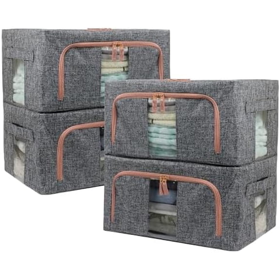 Linen Clothes Storage Bins, 4PCS Sturdy Closet Organizers and Storage Bin with Metal Frame, 2 Opening Ways Fabric Visible Lidded Storage Box for Organizing Clothing,Jeans,Sheets (4PC Gray, 22Liters)