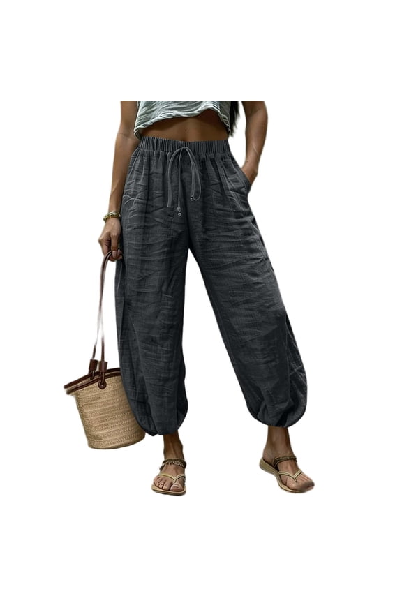 Linen Clothes Women's Cotton Linen Harem Pants - Boho Casual Drawstring Elastic Waist Baggy Trousers for Yoga Beach