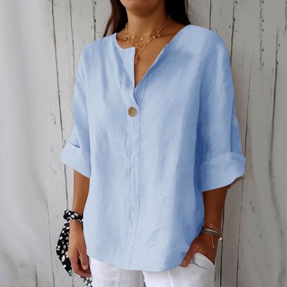 Linen Clothes for Seniors Linen Tunic Top for Women Button Down V Neck 3/4 Sleeve Shirt Roll-Up Casual Blouses Light Blue S-5Xl