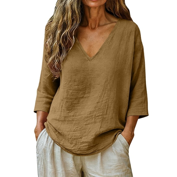 Linen Clothing for Women Gauze Popover Tops for Women Blusas De Lino Para Mujer Elegantes Cotton V Neck Shirts for Women Boho T Shirts for Women Peasant Blouse Linen T Shirts for Women