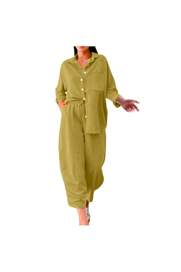 Linen Co Ord Sets for Women Plus Size 22,Ladies 2 Piece Outfits Linen Set Summer Long Sleeve Button Shirts Wide Leg Trousers Lounge Wear Beach Suit Tracksuits for Going Out Holiday