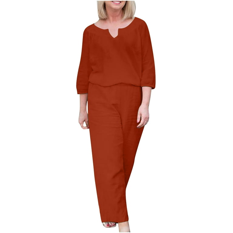 Linen Co Ord Sets for Women Sale Clearance 2 Piece Outfits Two Piece Linen  Lounge Wear Silk Oversized Casual 3/4 Sleeve Pullover Blouse Tops Wide Leg  Trousers Elegant Ladies Tracksuit Sets 