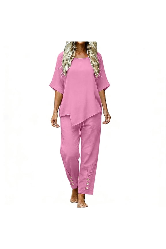 Linen Co Ord Sets for Women Summer Tops Straight Leg Trousers 2 Piece Holiday Travel Outfits Trouser Suits for Older Ladies Loose Fit Lounge Wear Set Beach Wear