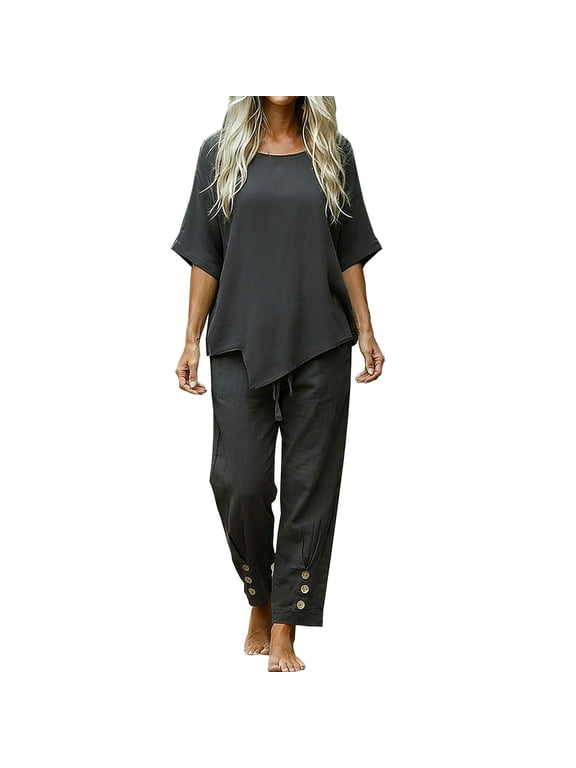 Linen Co Ord Sets for Women Summer Tops Straight Leg Trousers 2 Piece Holiday Travel Outfits Trouser Suits for Older Ladies Loose Fit Lounge Wear Set Beach Wear