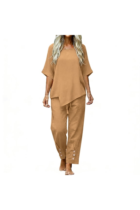 Linen Co Ord Sets for Women Summer Tops Straight Leg Trousers 2 Piece Holiday Travel Outfits Trouser Suits for Older Ladies Loose Fit Lounge Wear Set Beach Wear
