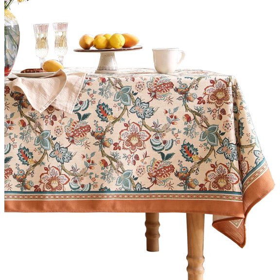 Linen Colorful Floral Small Rectangle Tablecloth,Vintage Indian Colorfast Block Print Table Cloth,Decor Table Cover for Kitchen,Dining,Party,Thanksgiving,Christmas,55"*71"-Mangala