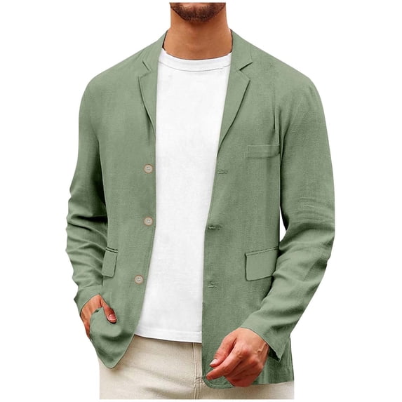 Linen-Cotton Blazer for Men Lapel Solid Color withsuit Jacket with Pockets Lightweight Casual Men's Sports Coat 3 Button up Green S