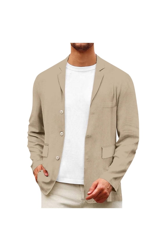 Linen-Cotton Blazer for Men Lapel Solid Color withsuit Jacket with Pockets Lightweight Casual Men's Sports Coat 3 Button up Yellow XXXL