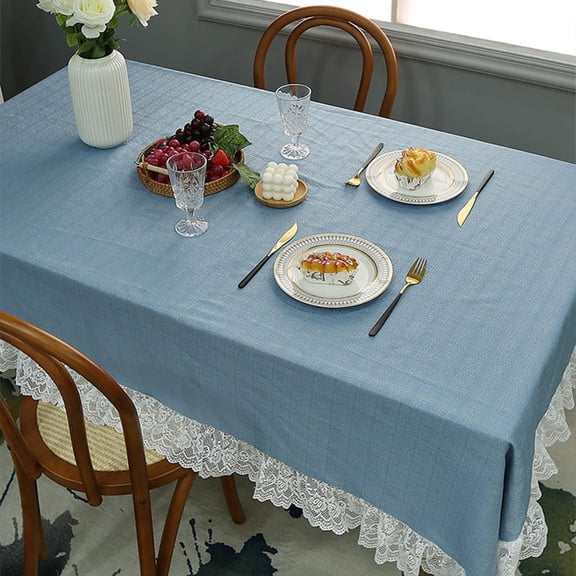 Linen Cotton Blended Textured Rectangle/Oblong Tablecloth with Ruffle Trim Vintage Solid Grey Blue Table Cover for Parties Holiday Farmhouse Kitchen Dining Table Cloth Decor Grey Blue, 140*180cm