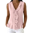 thumbnail image 1 of Linen Cotton Blouses For Women Summer V Neck Sleeveless Button Detail Drawstring Ruffle Trim Trendy Casual Office Weekend Errands Travel Outfit Layering, 1 of 7
