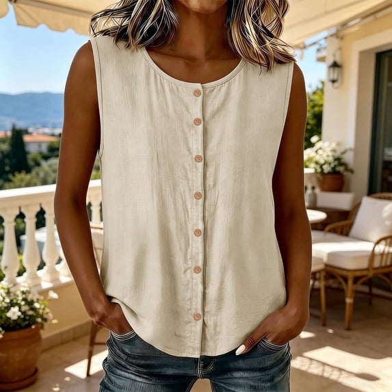 Linen Cotton Button Tank Top For Women Sleeveless Relaxed Fit Summer Casual Wear Versatile Lightweight Breathable Everyday Top
