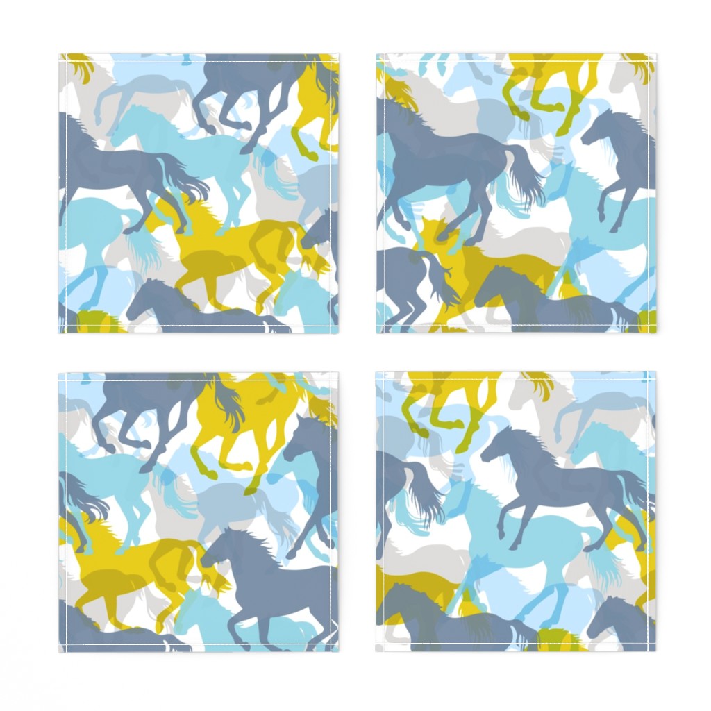 Linen Cotton Canvas Cocktail Napkins (Set of 4) Blue Horse Horses
