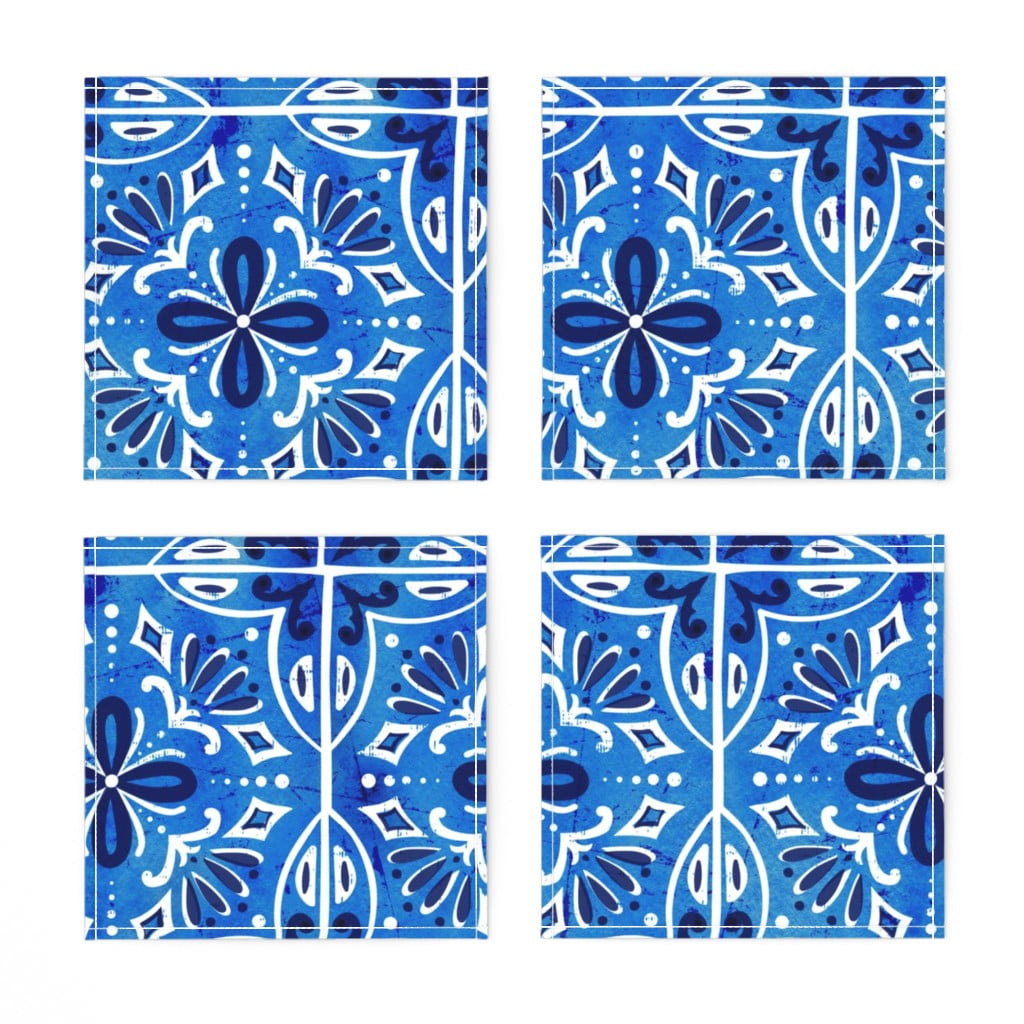 Linen Cotton Canvas Cocktail Napkins (Set of 4) Spanish Tiles Blue