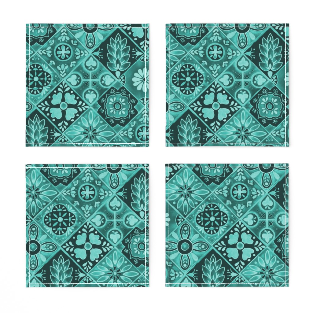 Linen Cotton Canvas Cocktail Napkins (Set of 4) Spanish Tiles Diamond