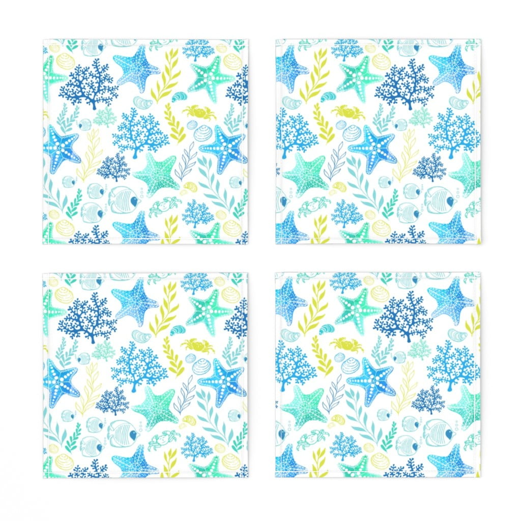 Linen Cotton Canvas Cocktail Napkins (Set of 4) Undersea Blue White