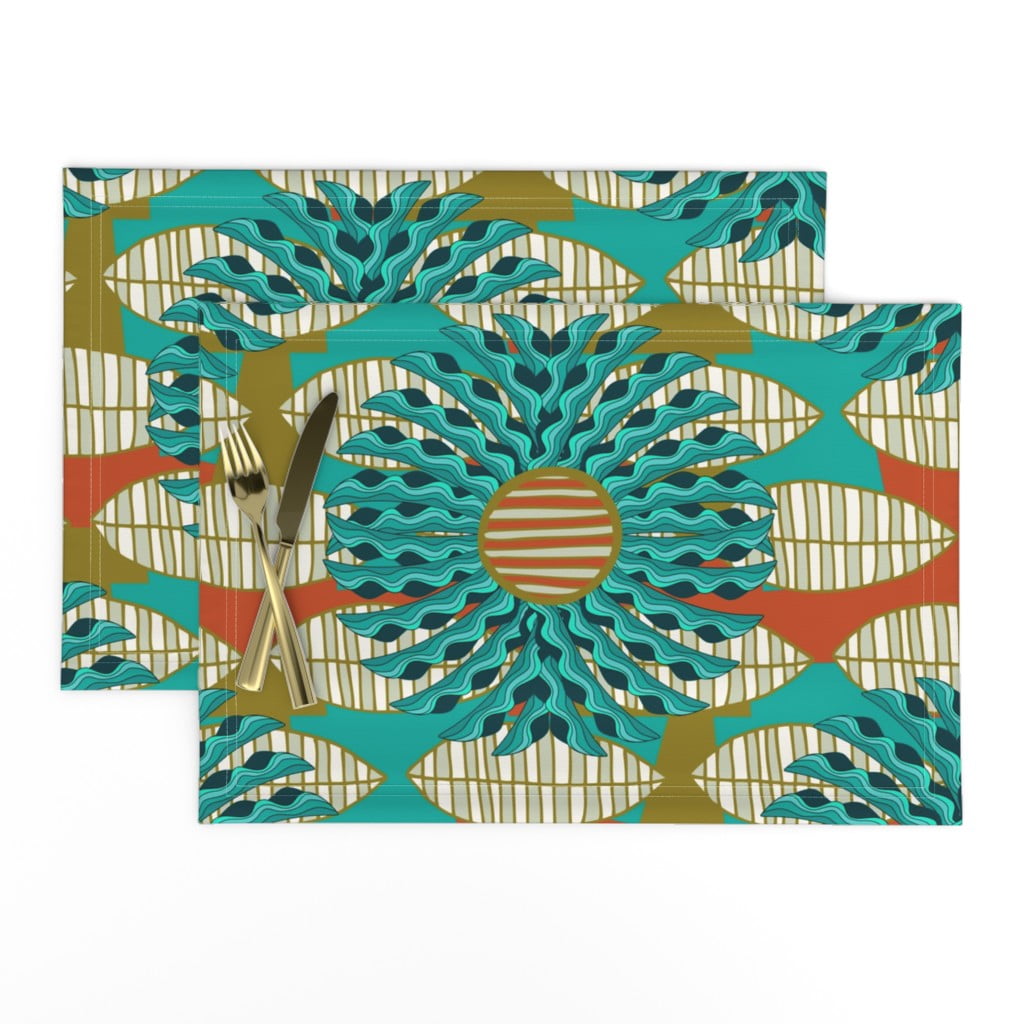 Linen Cotton Canvas Placemats (Set of 2) African Leaf Mandala Print