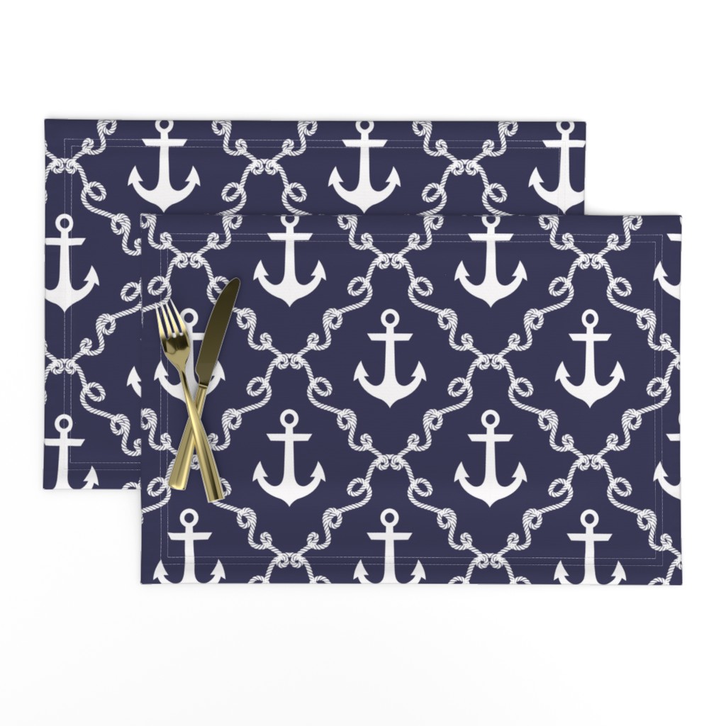 Linen Cotton Canvas Placemats (Set of 2) Anchor Damask Navy Anchors Beach House Indigo Sail