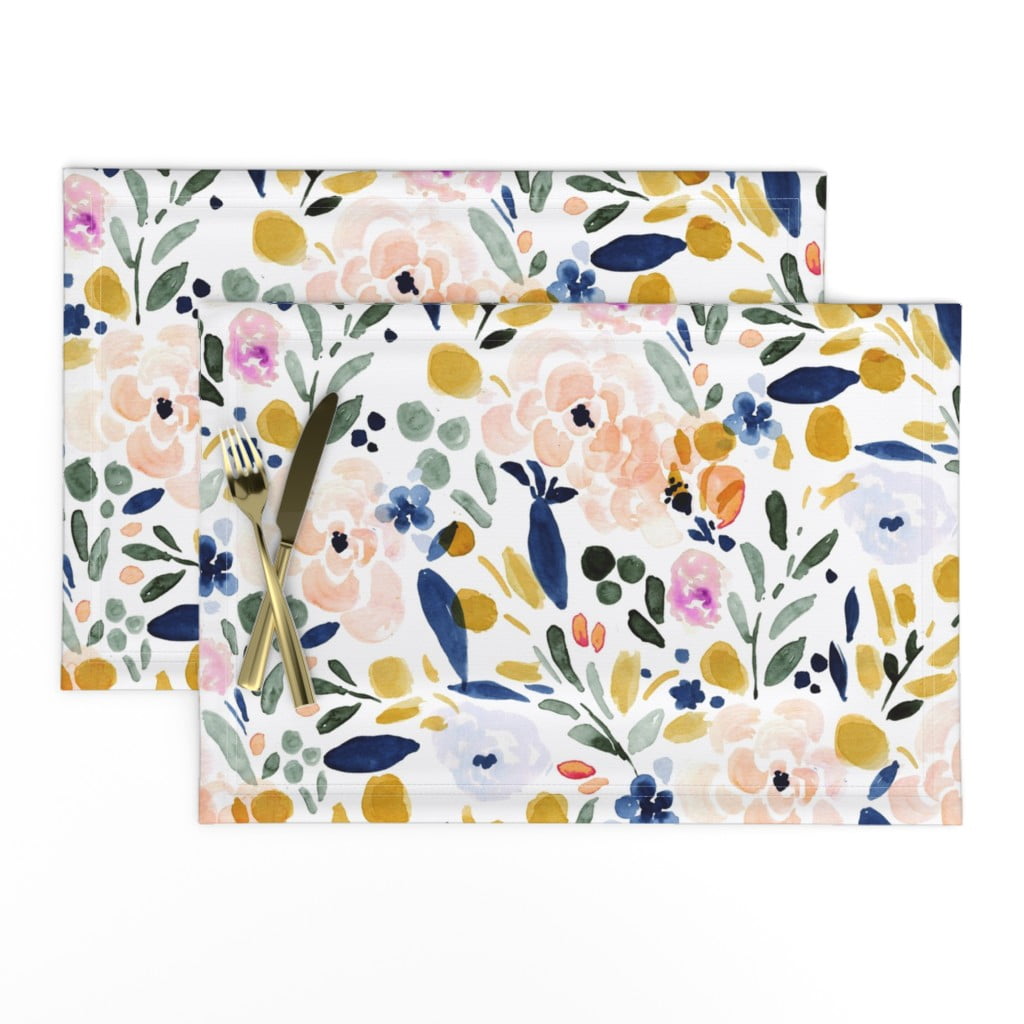 Linen Cotton Canvas Placemats (Set of 2) Floral Flowers Pastel Navy Mustard Watercolor Nursery