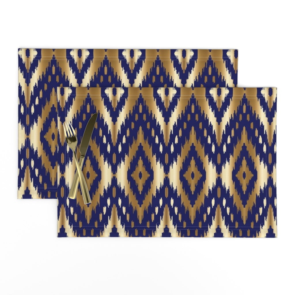 Linen Cotton Canvas Placemats (Set of 2) Navy Gold Ikat Chevron