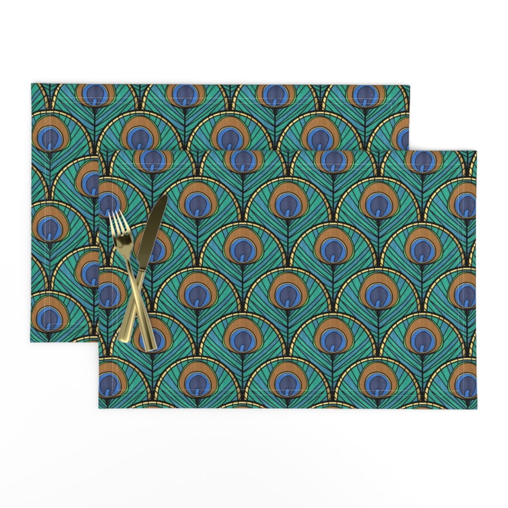 Linen Cotton Canvas Placemats (Set of 2) Peacock Art Deco Fan Pattern Feather Blue Green 1920S