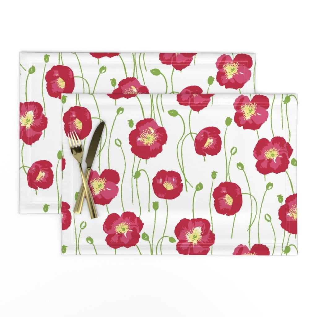 Linen Cotton Canvas Placemats (Set of 2) Poppies Small Red White Floral Painterly Flowers