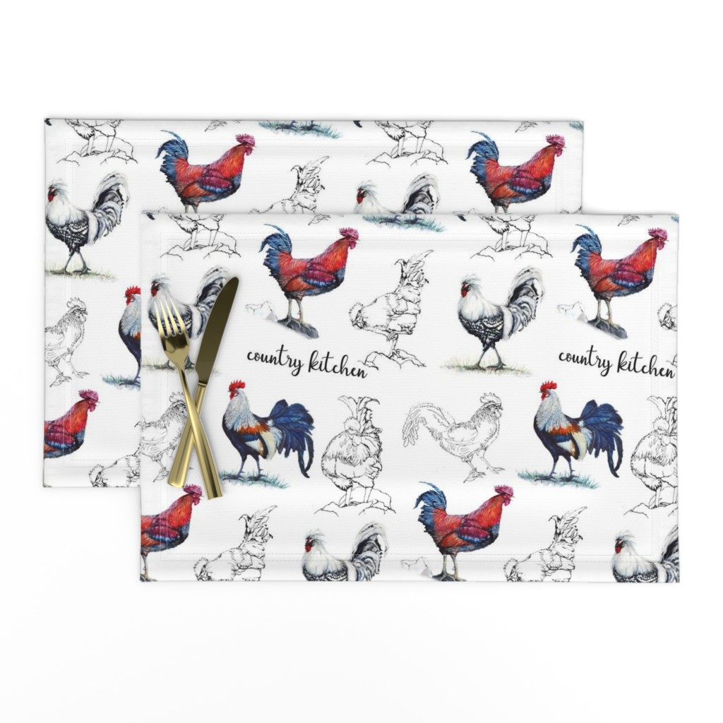 Linen Cotton Canvas Placemats (Set of 2) Roosters Kitchen Birds