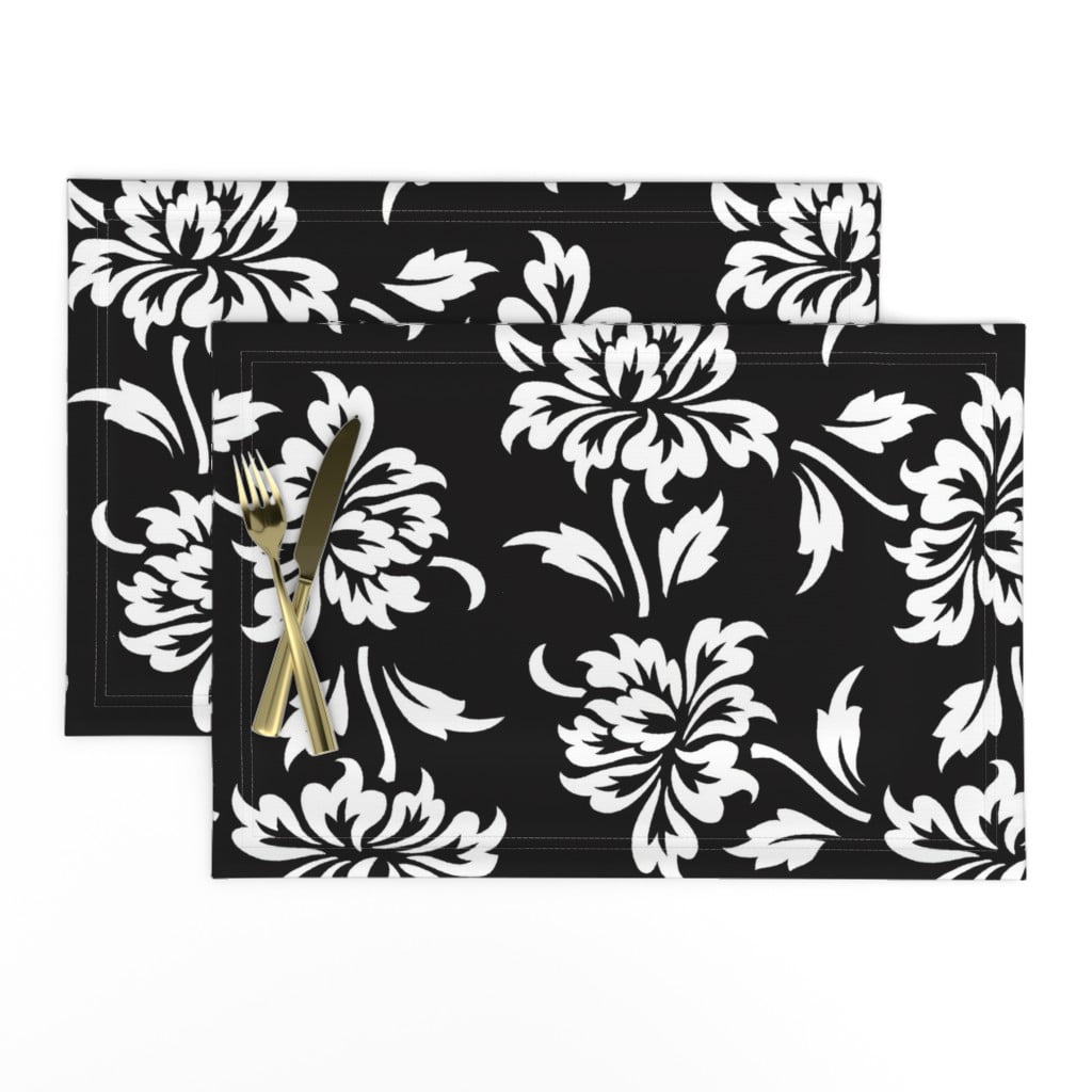 Linen Cotton Canvas Placemats (Set of 2) Aloha Flowers Tiki Island Black White Mid Century