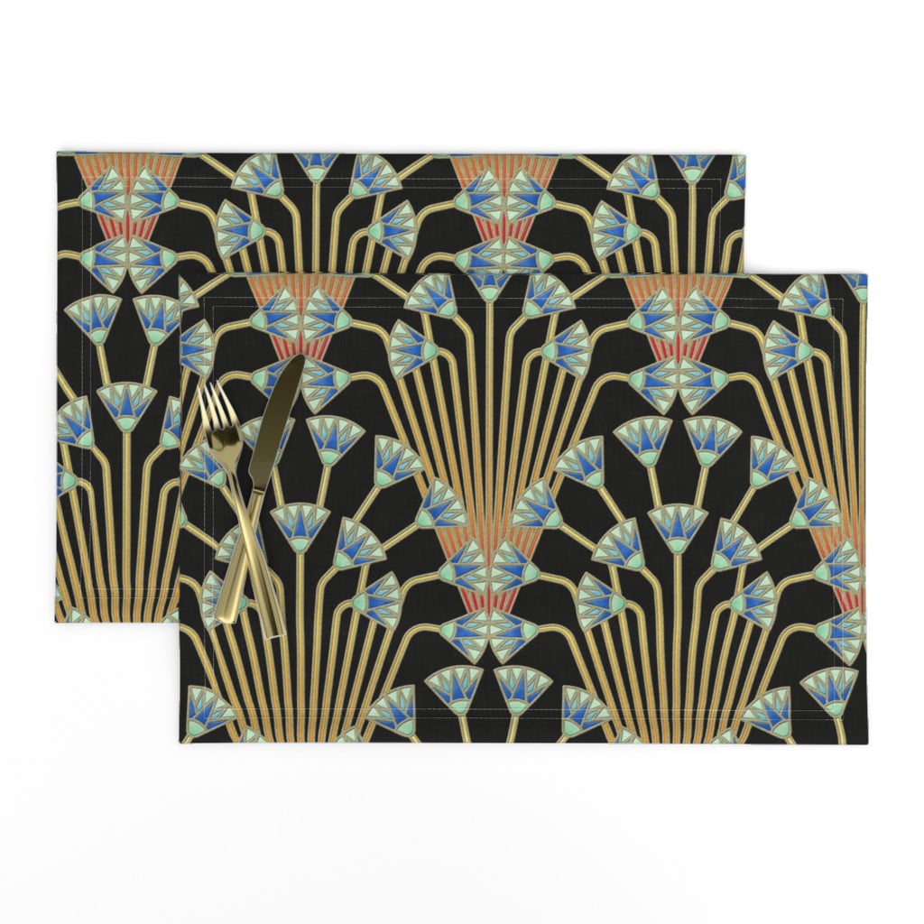 Linen Cotton Canvas Placemats (Set of 2) Art Deco Floral Egyptian Flowers Dark Scallop
