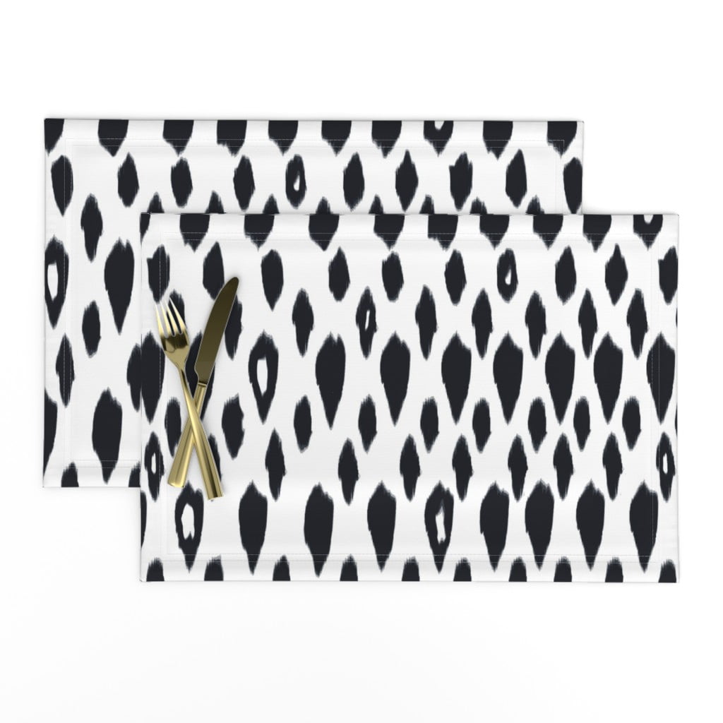 Linen Cotton Canvas Placemats (Set of 2) Ikat Drops Black White Spots Midcentury Modern Print