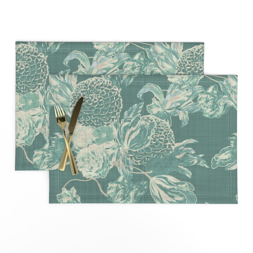 Linen Cotton Canvas Placemats (Set of 2) Mid Century Modern Floral Hummingbird 1950S Teal Blue