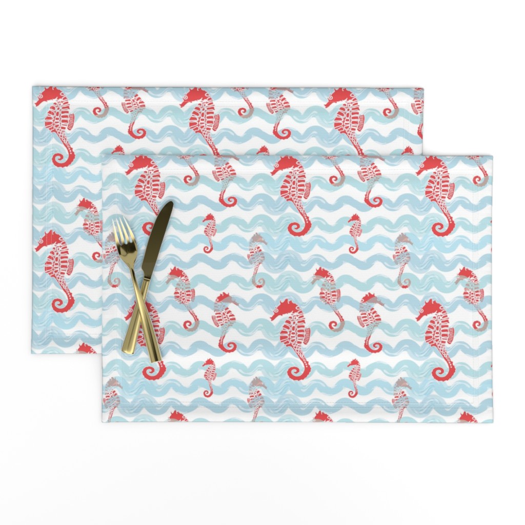 Linen Cotton Canvas Placemats (Set of 2) Nautical Sea Creatures Beach Ocean Seahorse Print