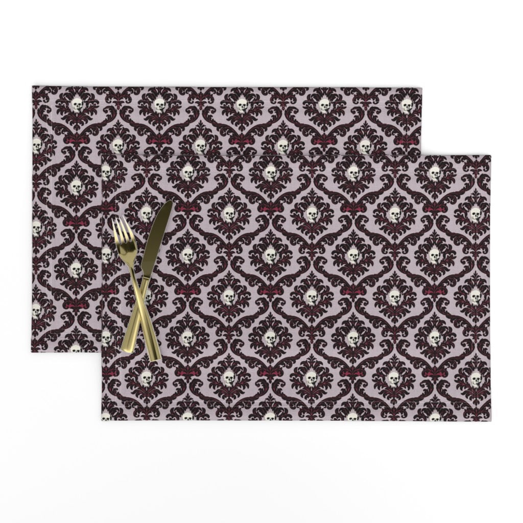 Linen Cotton Canvas Placemats (Set of 2) Skull Damask Skeleton