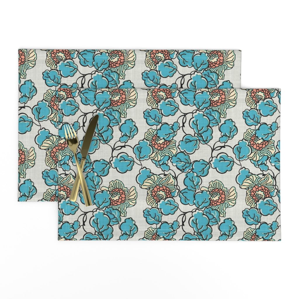 Linen Cotton Canvas Placemats (Set of 2) Vintage Block Print Flower Style Blue Floral Bohemian