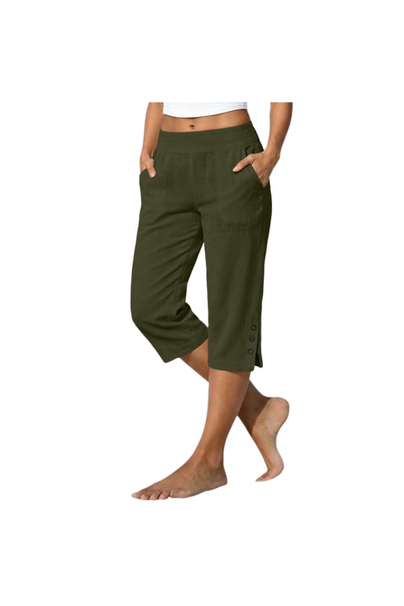 Linen Cotton Capri Pants For Women Pocket Button Slit Hem Straight Leg Relaxed Office Leisure Workday Summer Simple Modern Outfit Essential Wide Leg